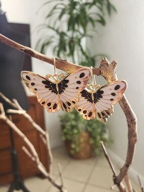 Gold with White And Black Butterfly Drop Earrings